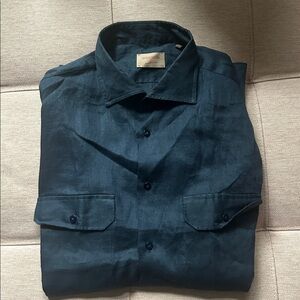 Borriello Napoli Men's Navy Button-Up Shirt - linen - size 44-double pocket